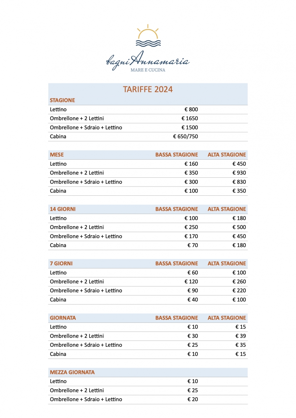 Tariffe 2024 - Bagni Annamaria Mare e Cucina