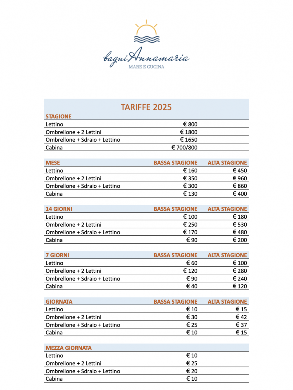 Tariffe 2025 - Bagni Annamaria Mare e Cucina